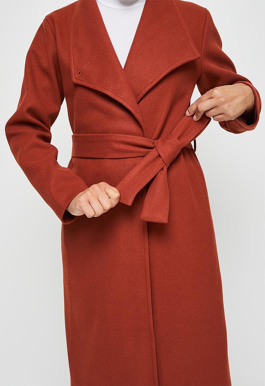 edit - High neck belted melton coats - dark tobacco