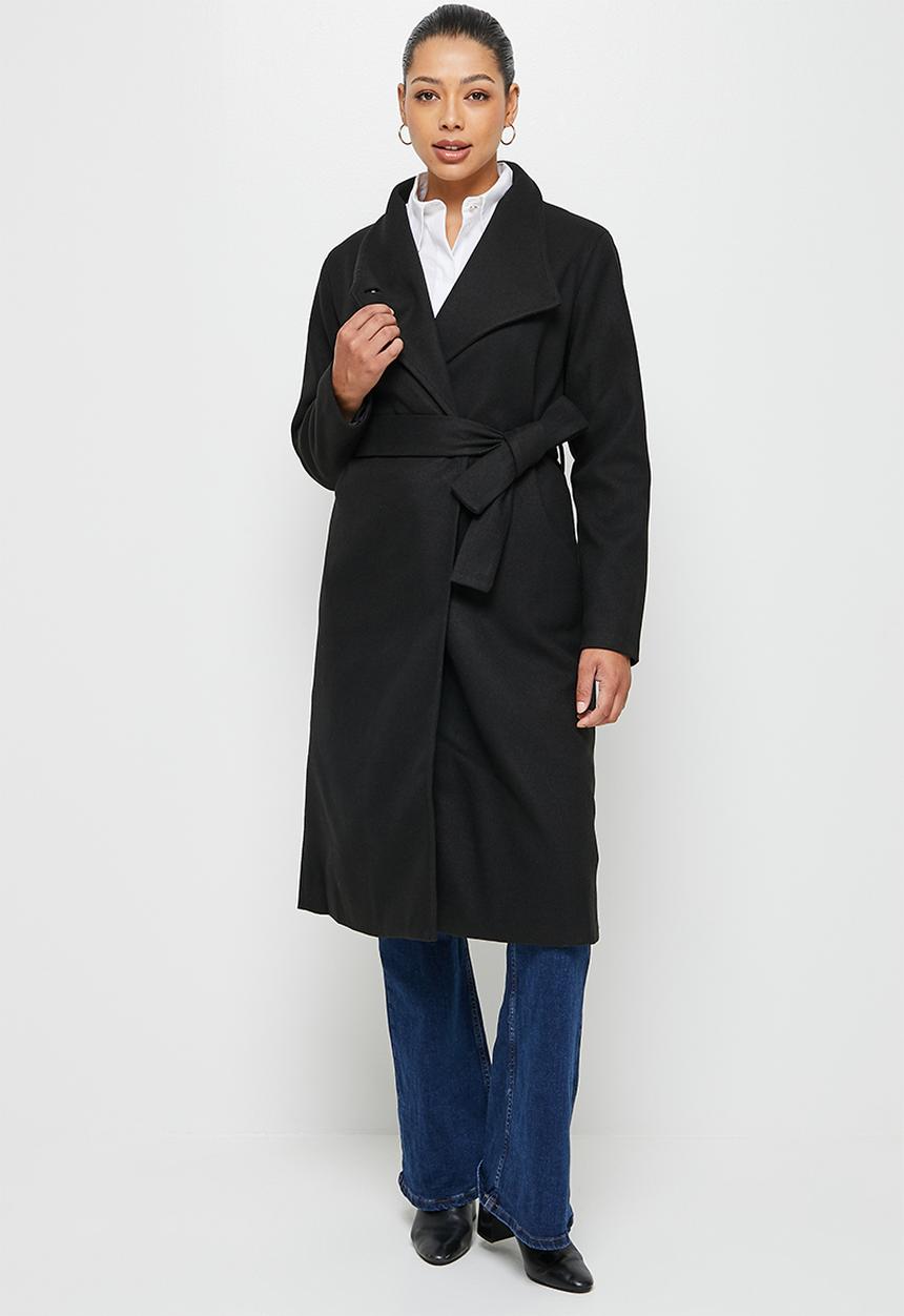 edit - High neck belted melton coats - black