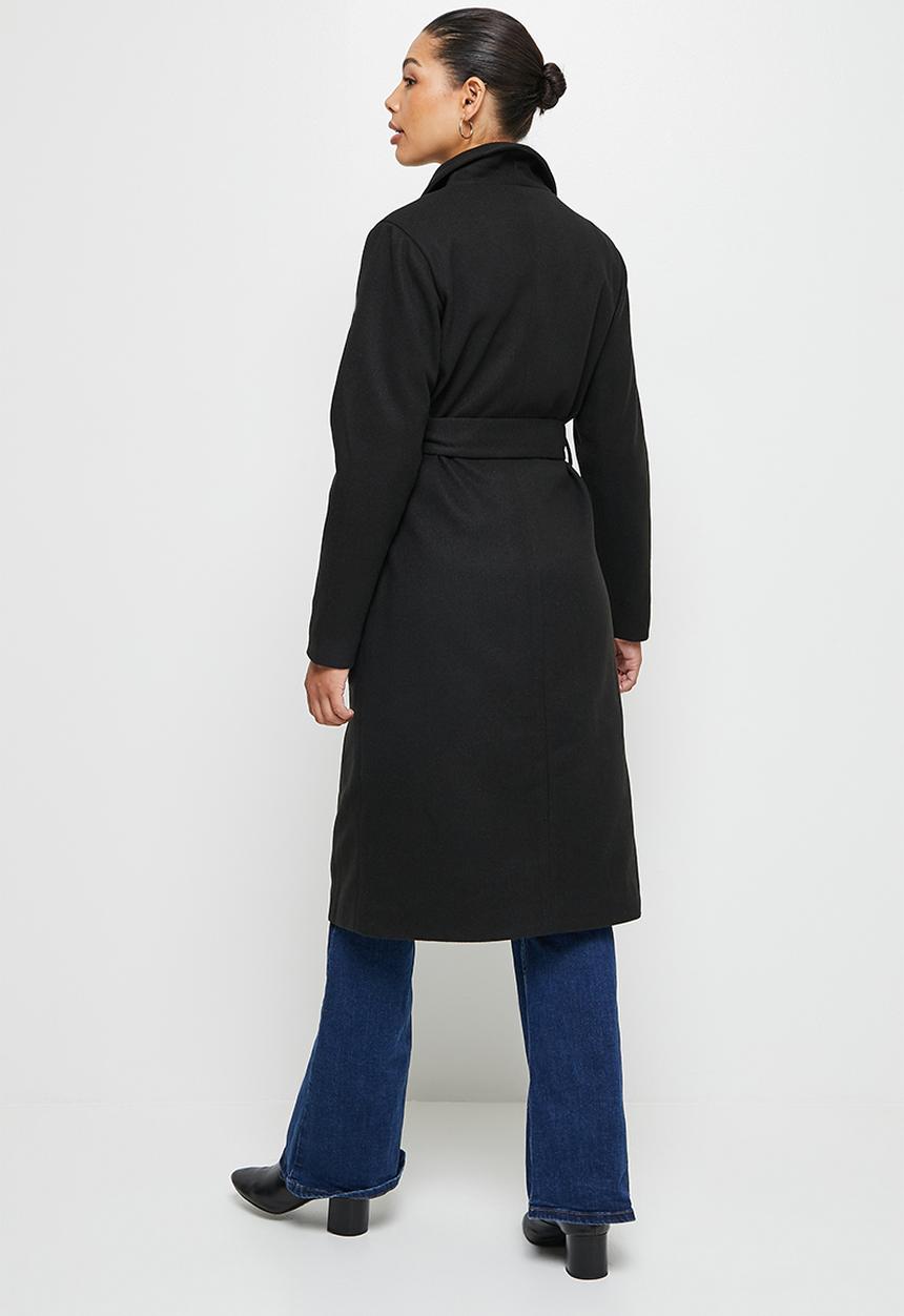edit - High neck belted melton coats - black