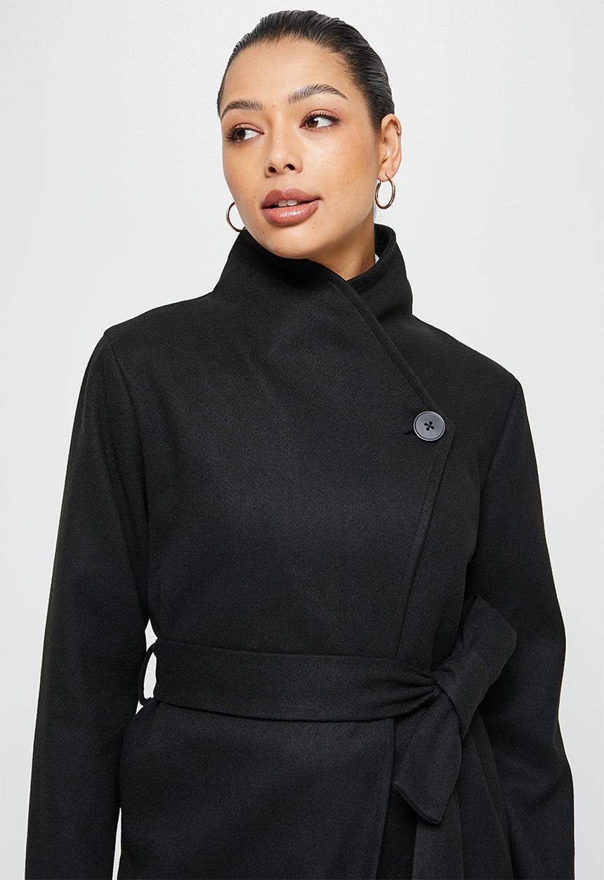 edit - High neck belted melton coats - black