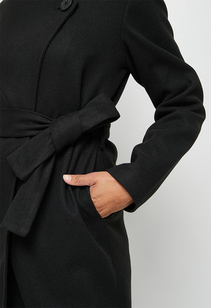 edit - High neck belted melton coats - black