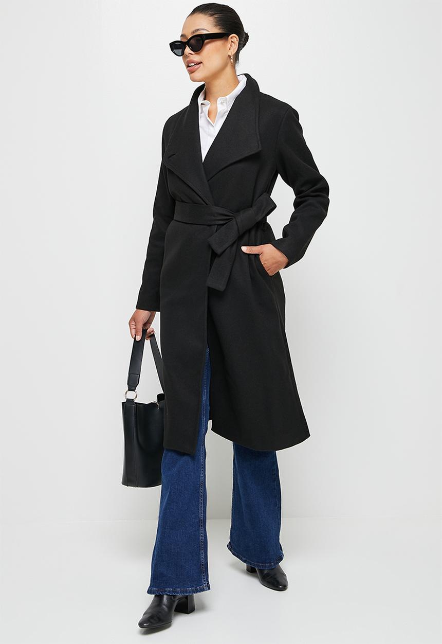 edit - High neck belted melton coats - black