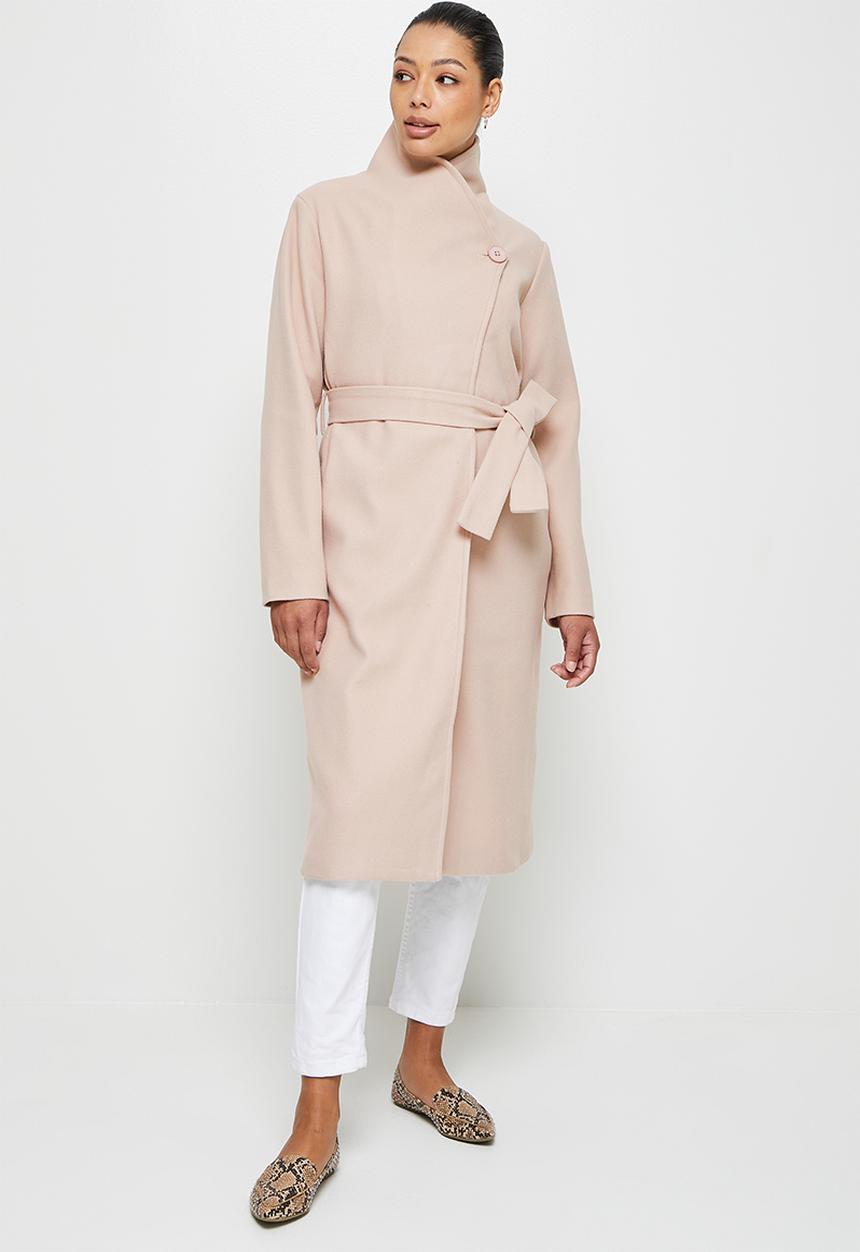 edit - High neck belted melton coats - ecru