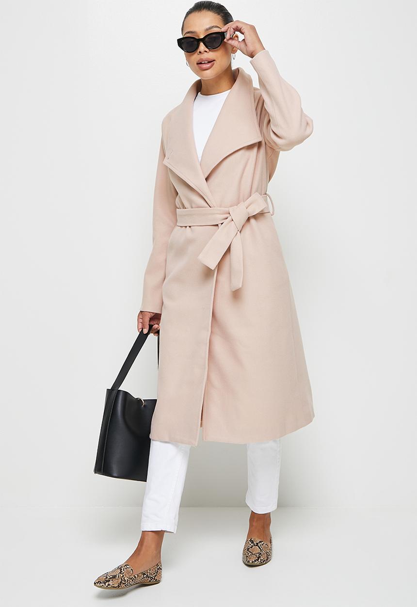 edit - High neck belted melton coats - ecru