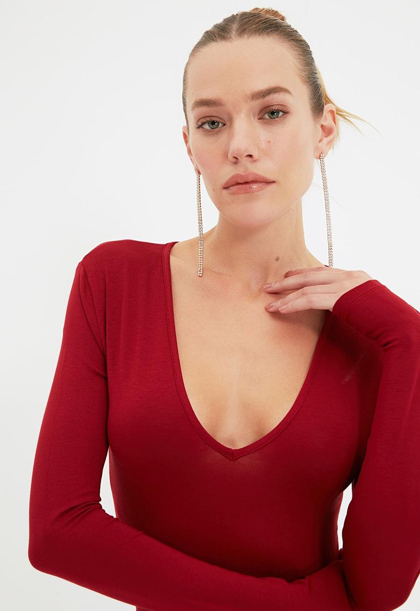 Trendyol - Deep v neck bodysuit - burgundy