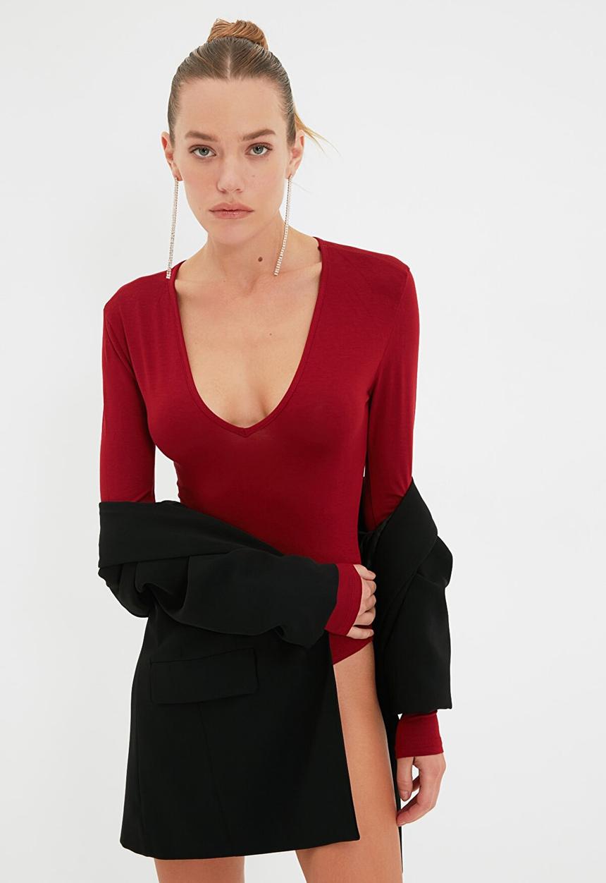 Trendyol - Deep v neck bodysuit - burgundy