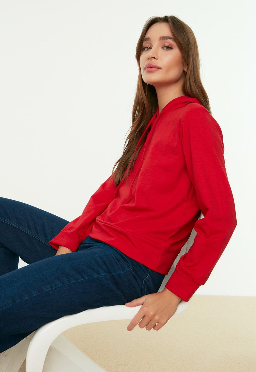 Trendyol - Hooded basic knitted thin sweatshirt - red