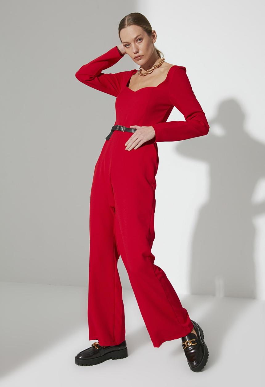 Trendyol - Belted heart collar jumpsuit - red