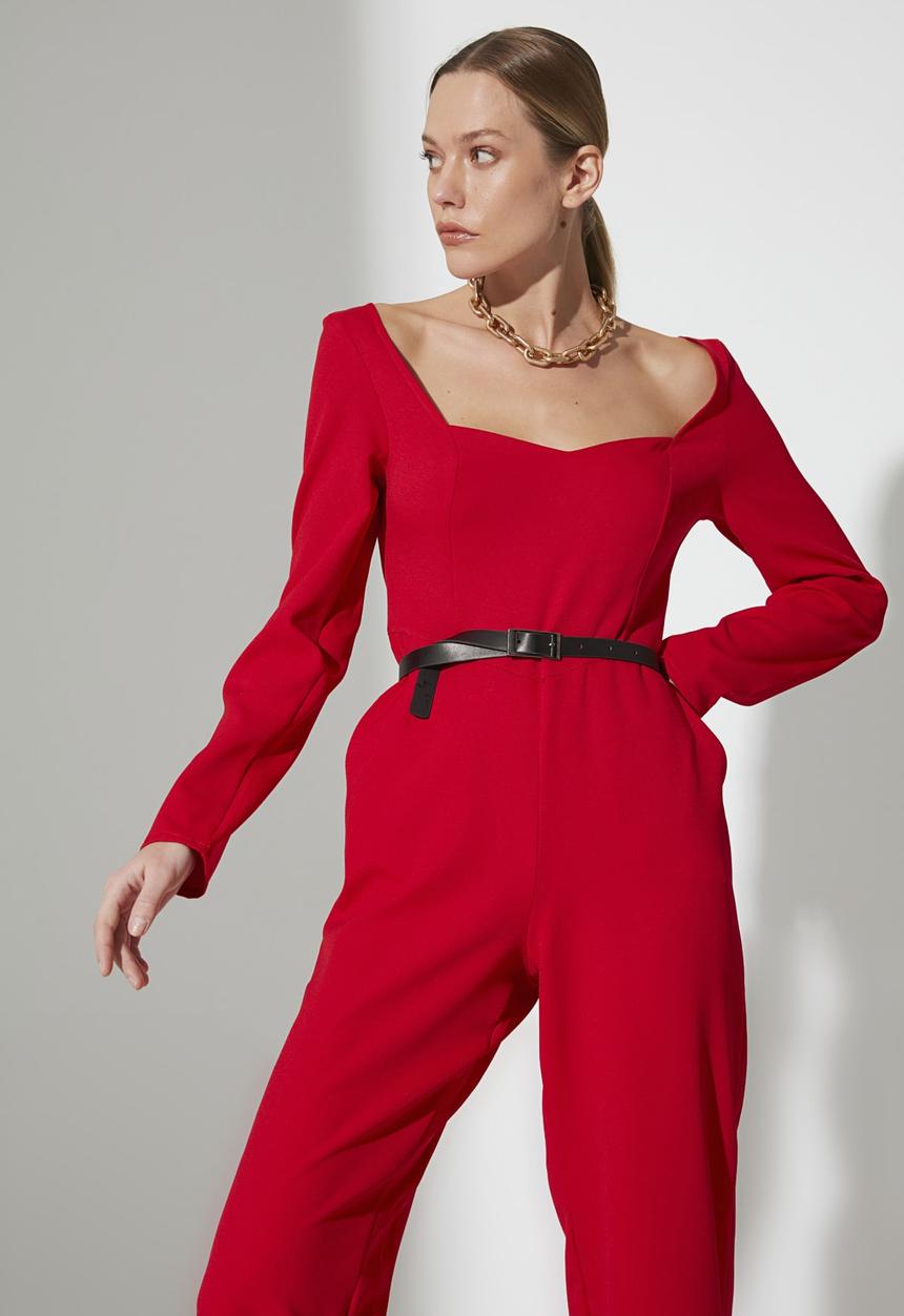 Trendyol - Belted heart collar jumpsuit - red