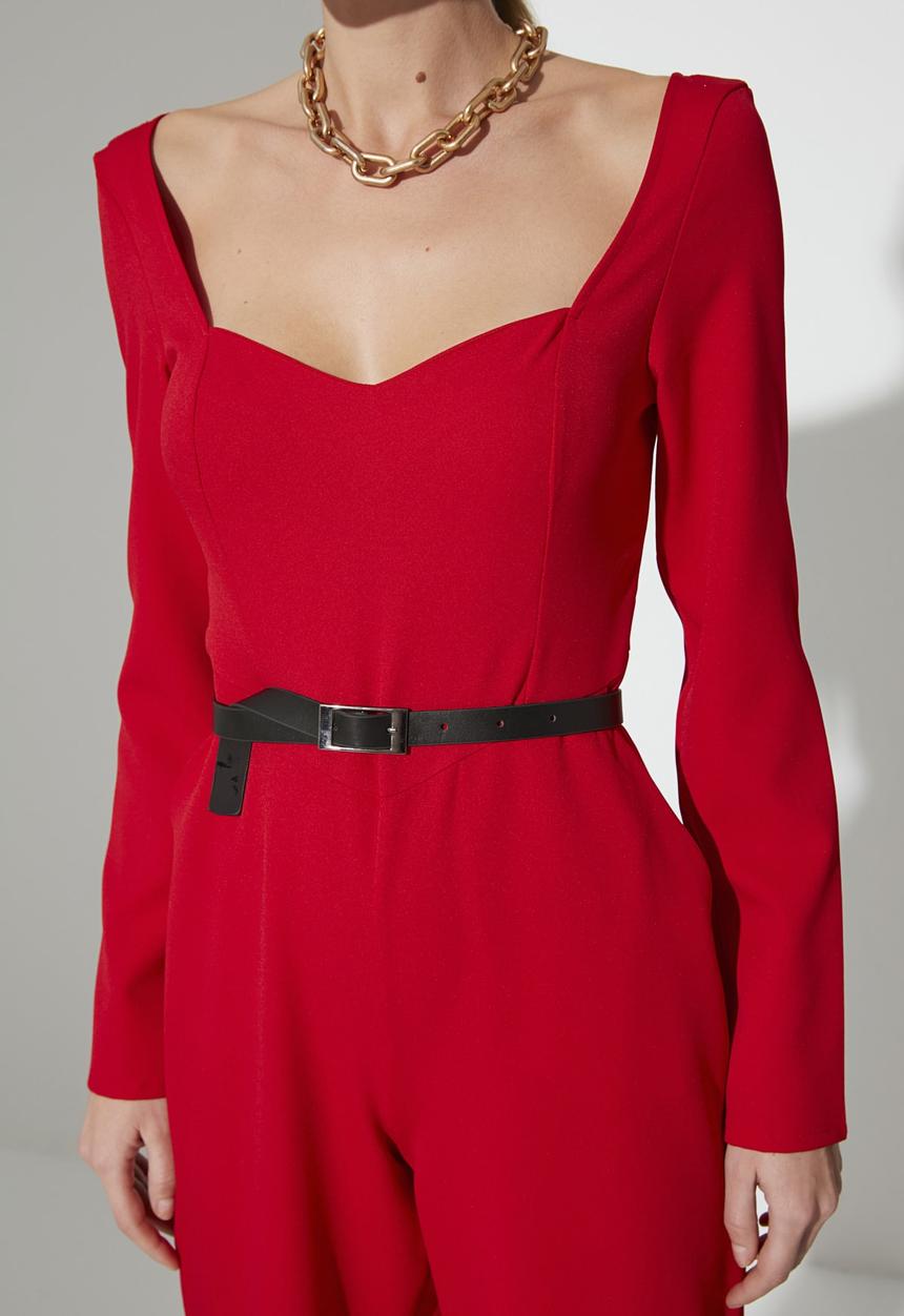 Trendyol - Belted heart collar jumpsuit - red