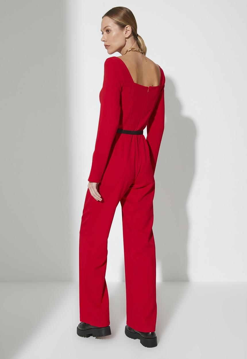 Trendyol - Belted heart collar jumpsuit - red