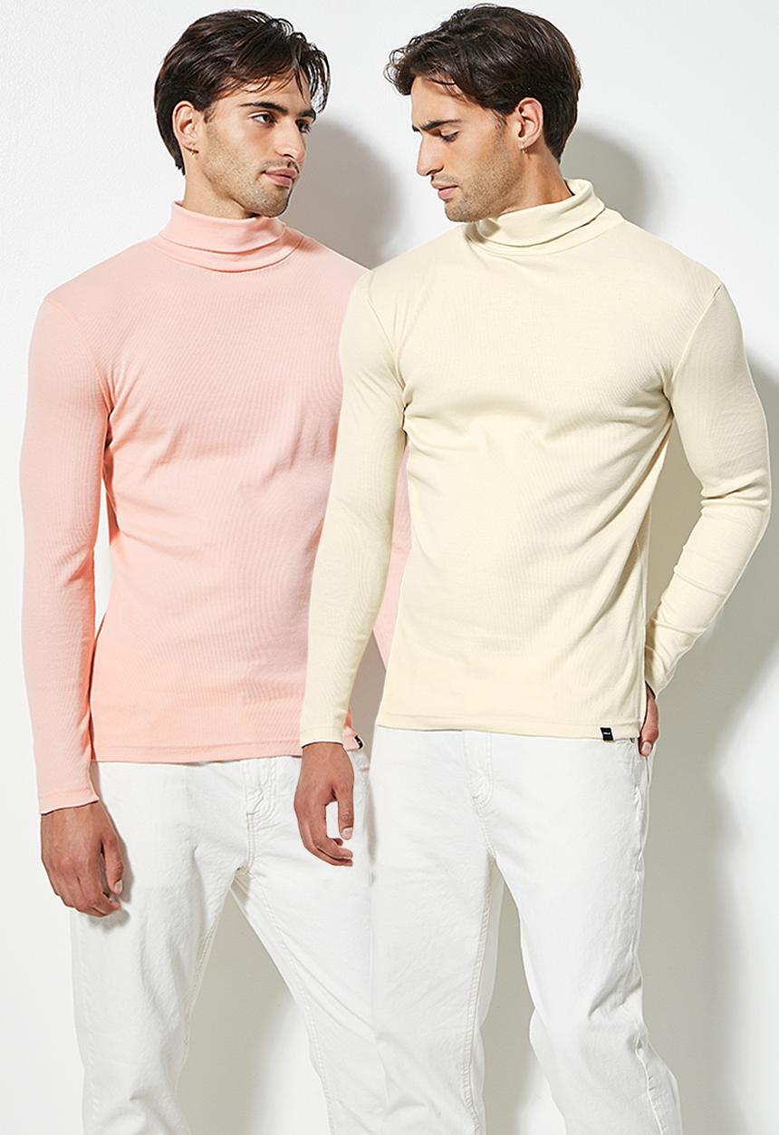 Superbalist - 2 Pack sochi long sleeve ribbed roll neck tee - beige & dusty pink