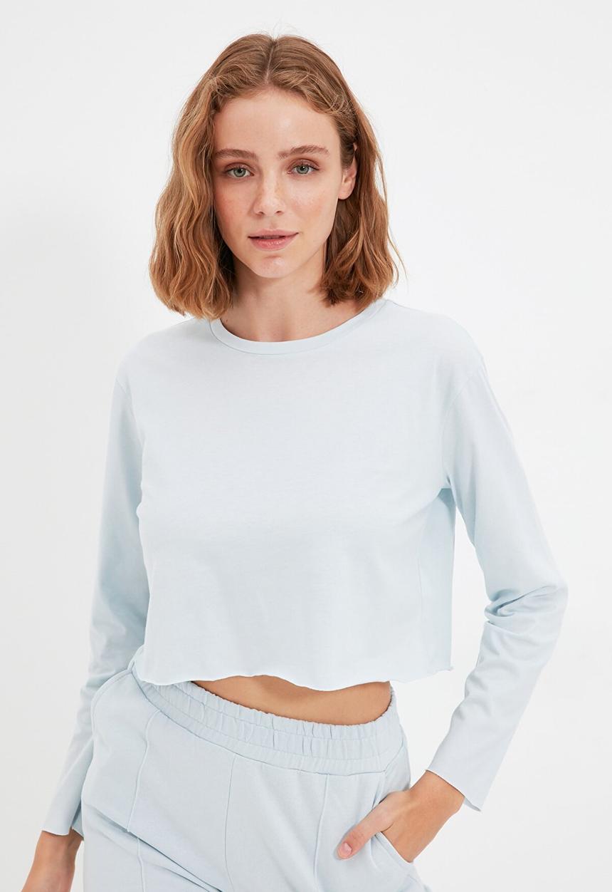Trendyol - 100% organic cotton crop knitted T-shirt - blue