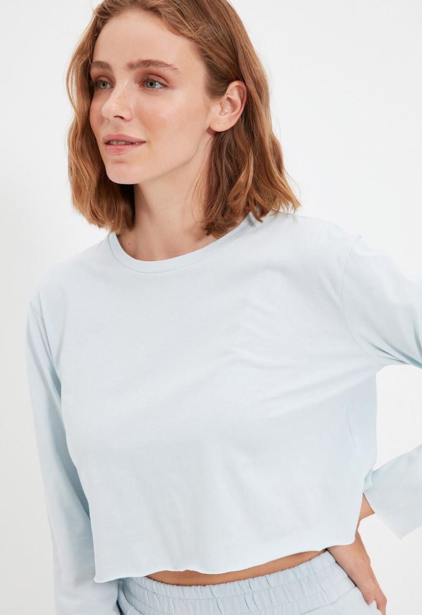 Trendyol - 100% organic cotton crop knitted T-shirt - blue