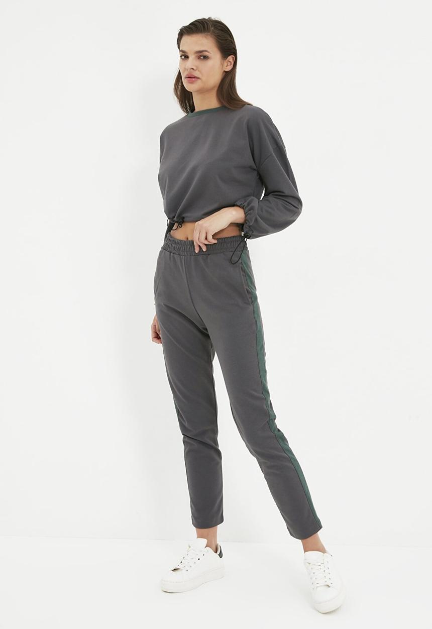 Trendyol - Stripe detailed crop knitted slim tracksuit set  - anthracite