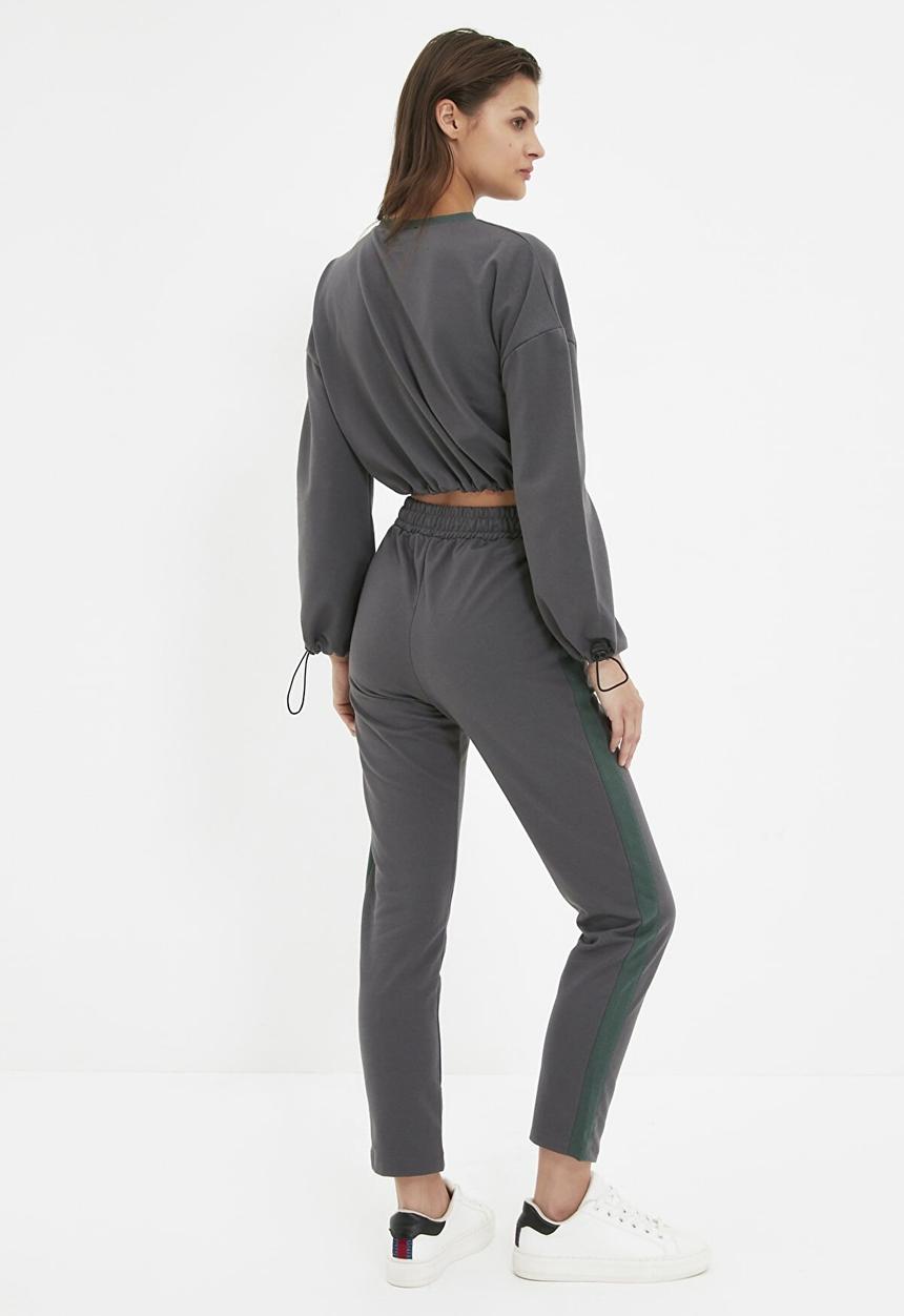 Trendyol - Stripe detailed crop knitted slim tracksuit set  - anthracite