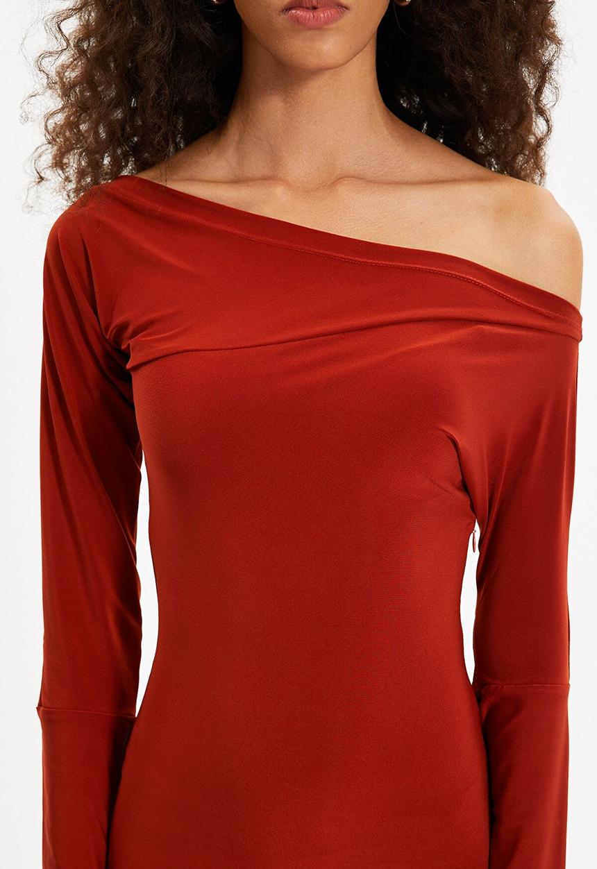 Trendyol - One shoulder knitted dress  - brick