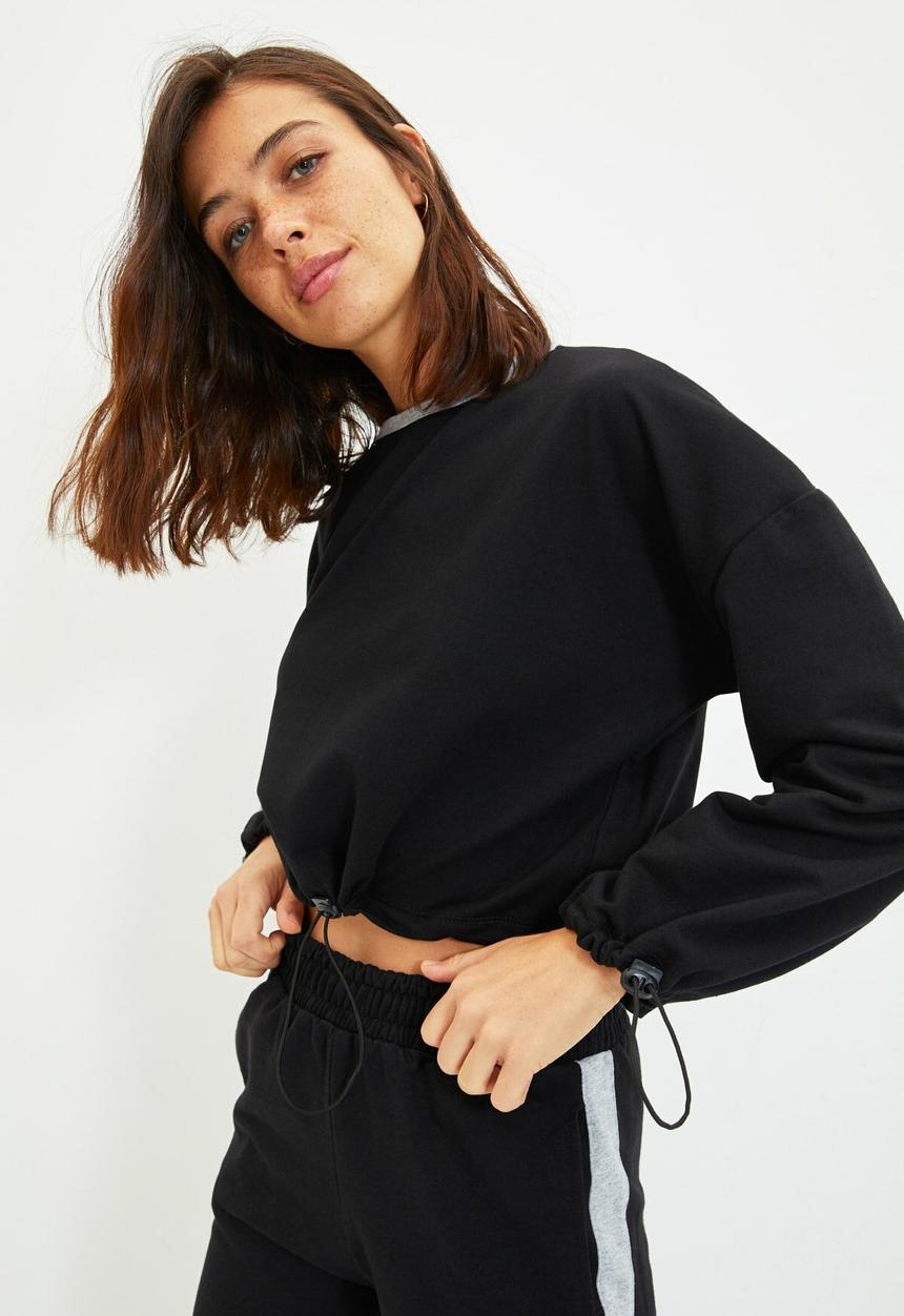 Trendyol - Stripe detailed crop knitted slim tracksuit set - black