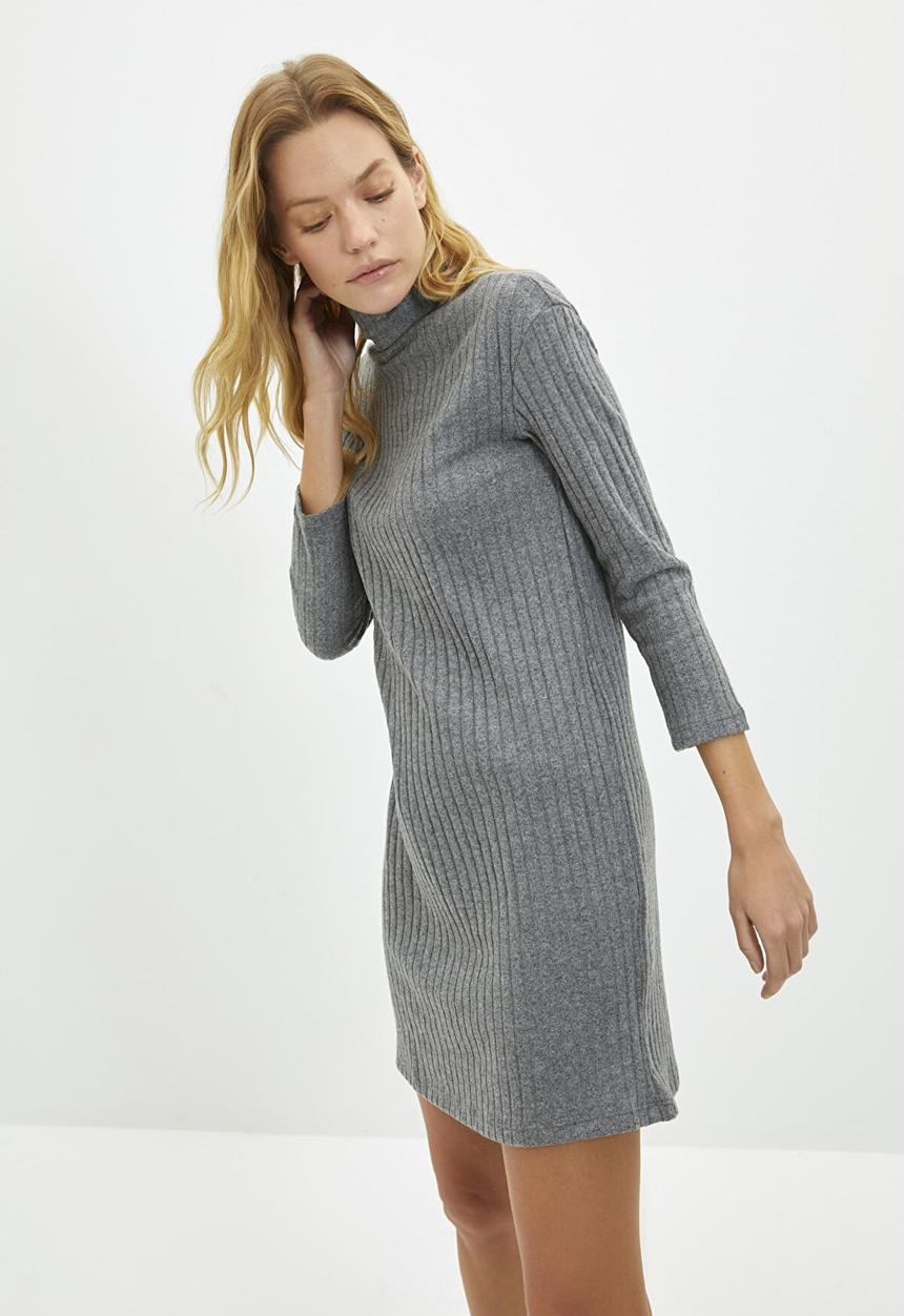 Trendyol - Turtleneck ribbed bodycon knitted dress - anthracite