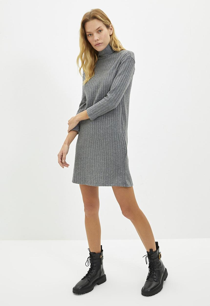 Trendyol - Turtleneck ribbed bodycon knitted dress - anthracite