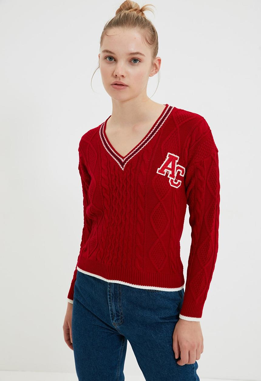 Trendyol - V-neck knitted detailed knitwear sweater - red