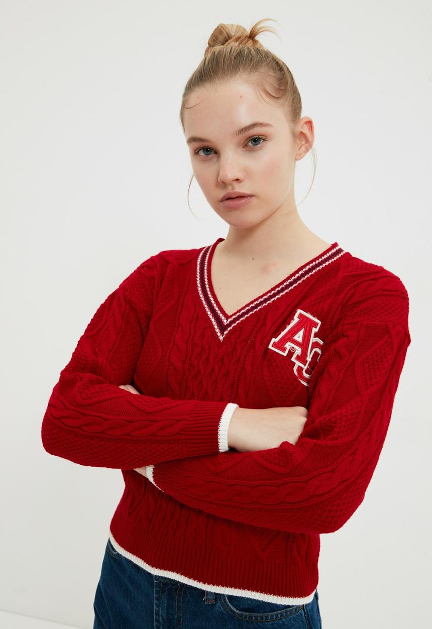 Trendyol - V-neck knitted detailed knitwear sweater - red