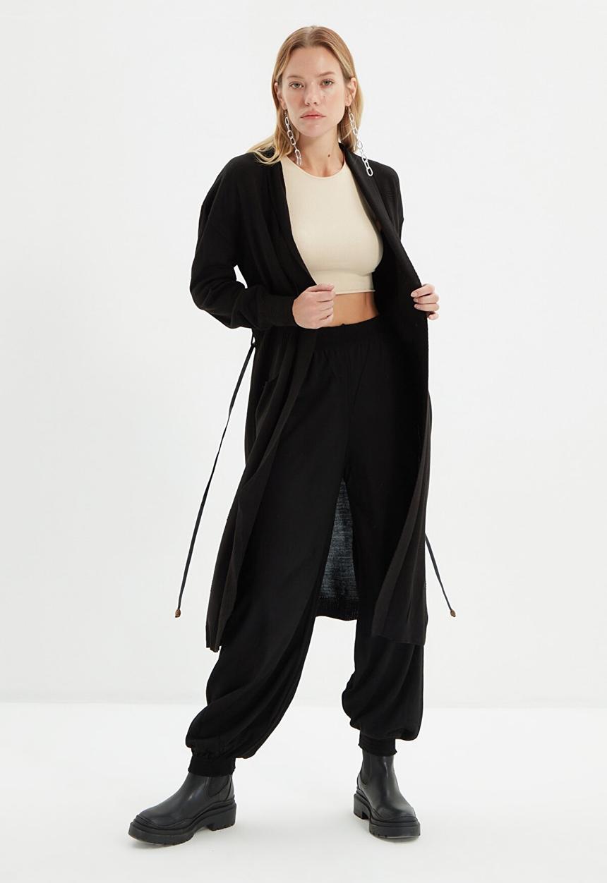 Trendyol - Long tie detailed knitwear cardigan - black