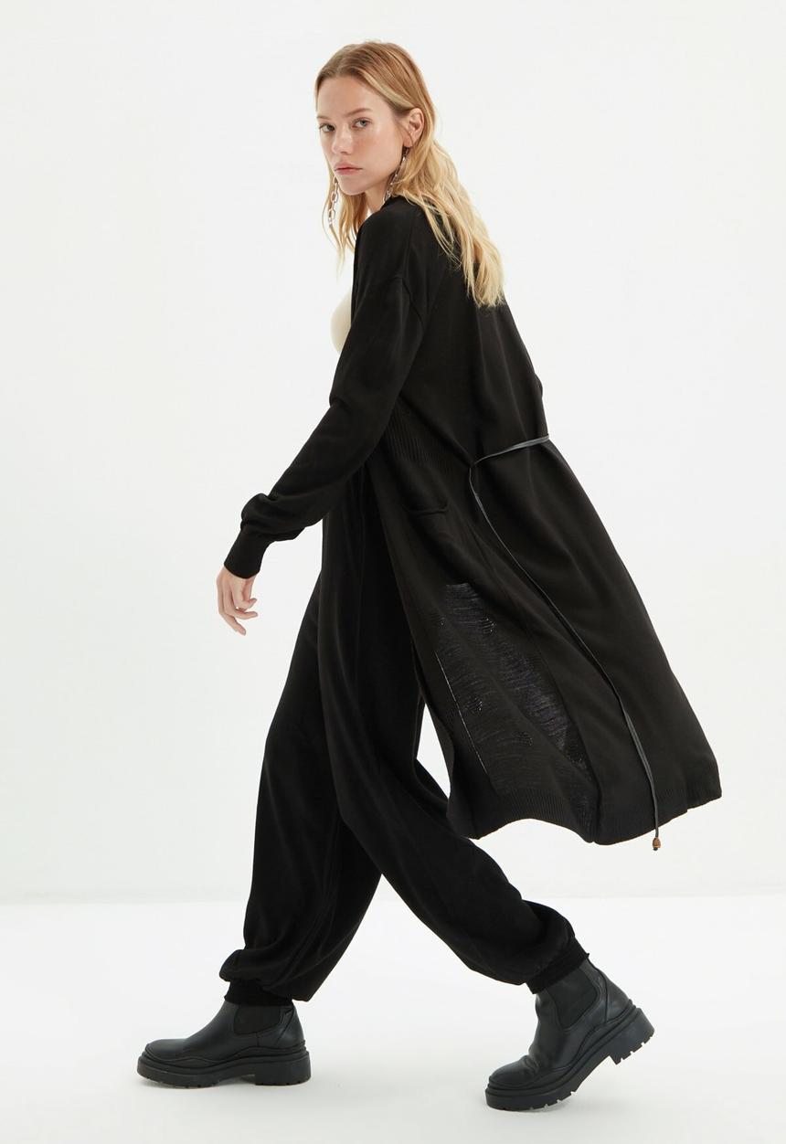 Trendyol - Long tie detailed knitwear cardigan - black