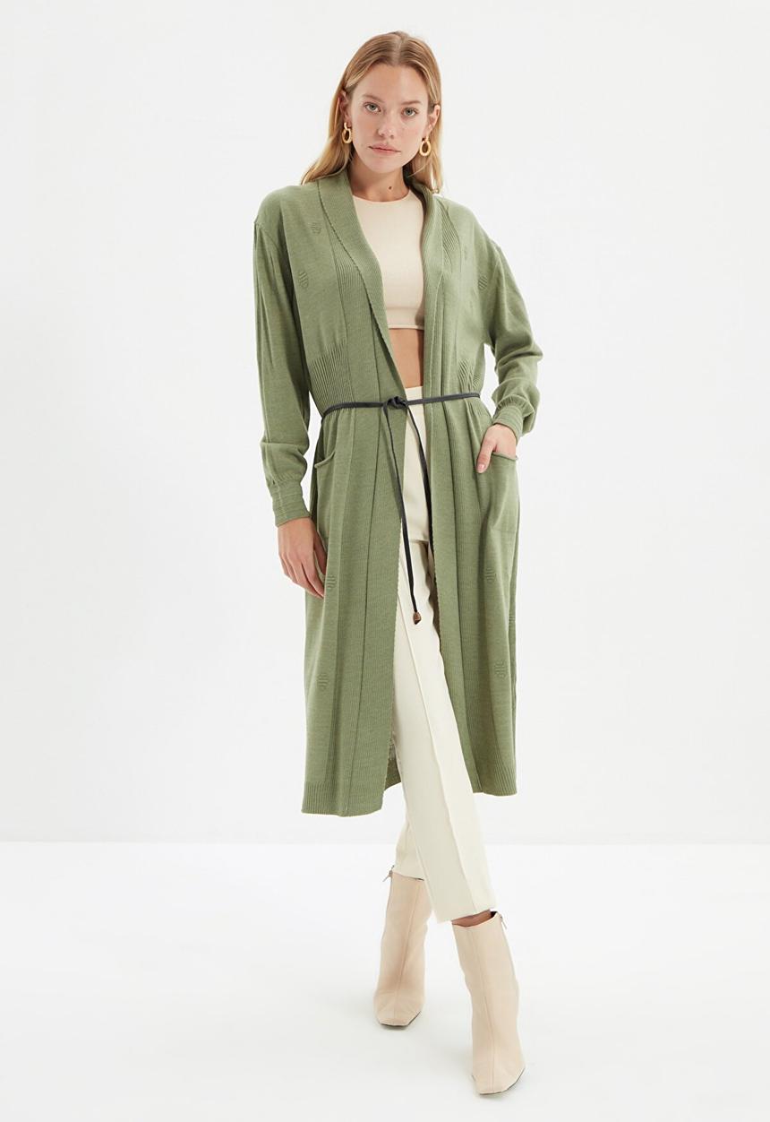 Trendyol - Long tie detailed knitwear cardigan - mint