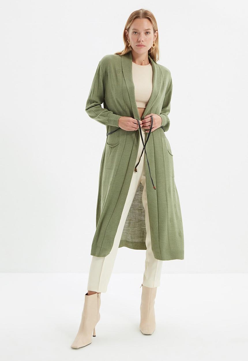 Trendyol - Long tie detailed knitwear cardigan - mint