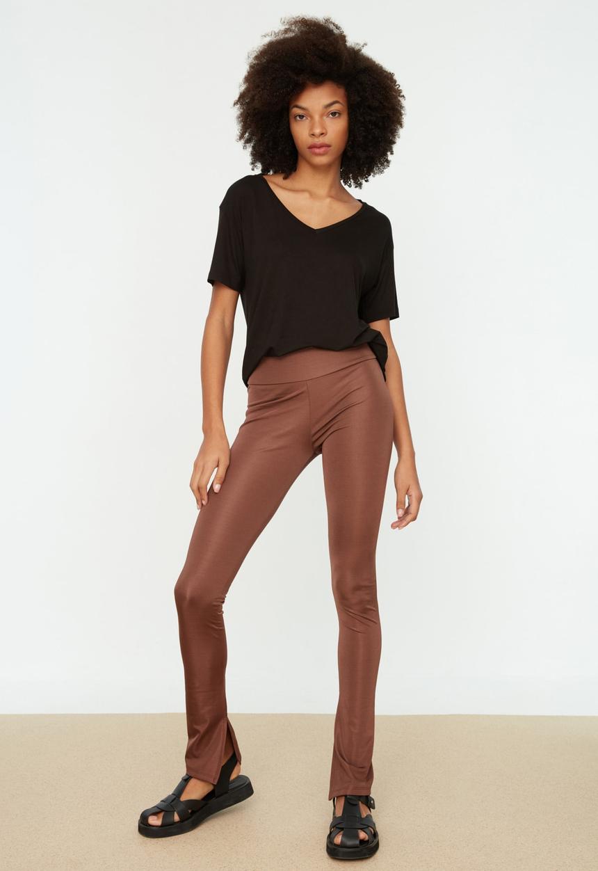 Trendyol - Slit detailed shiny fabric knitted leggings - brown
