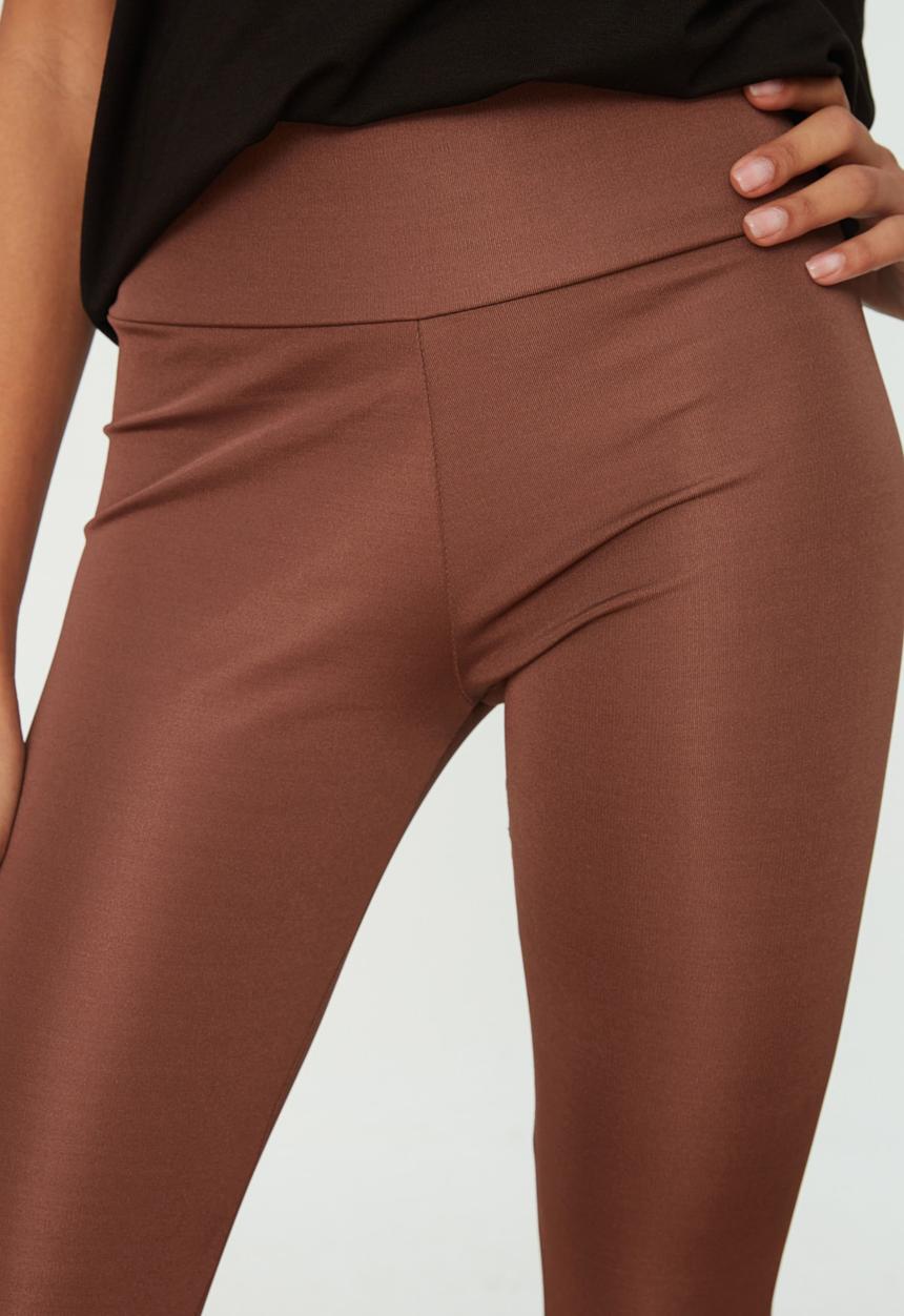 Trendyol - Slit detailed shiny fabric knitted leggings - brown