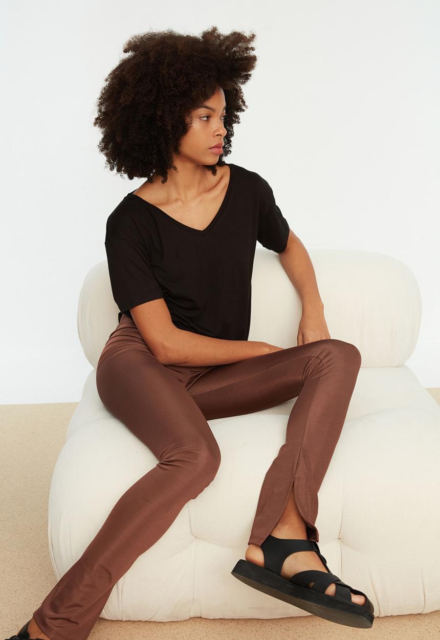 Trendyol - Slit detailed shiny fabric knitted leggings - brown