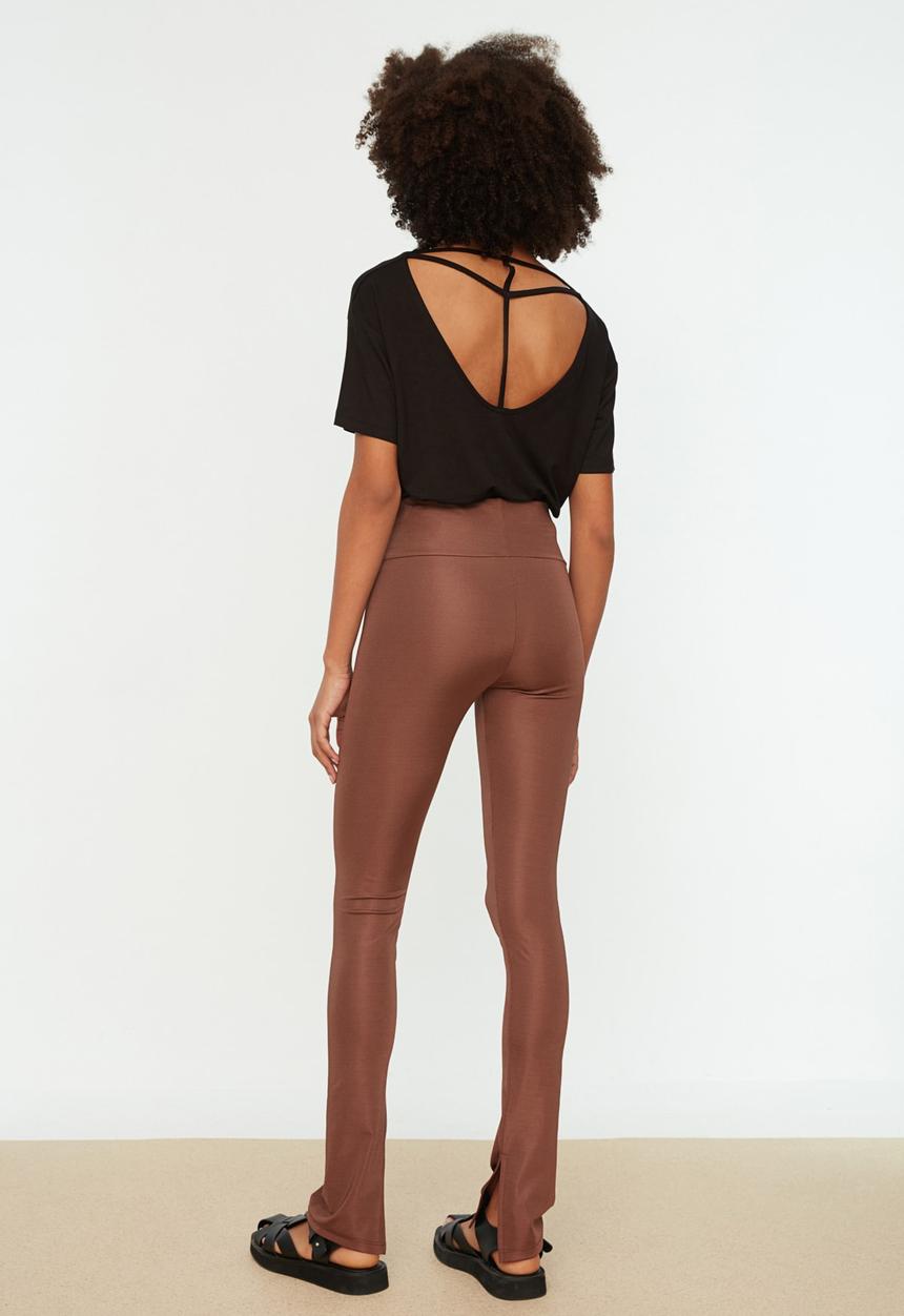 Trendyol - Slit detailed shiny fabric knitted leggings - brown