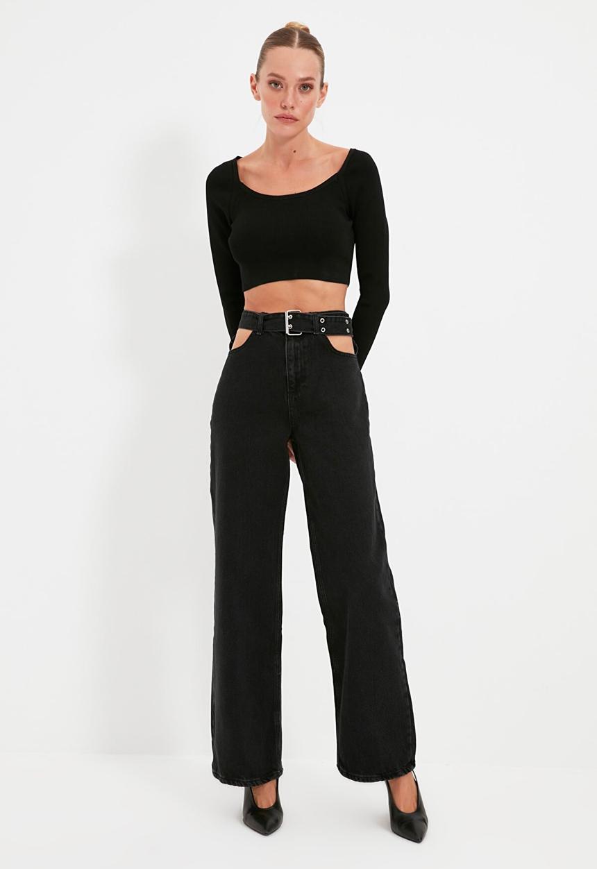 Trendyol - Cut out detailed belted high waist 90's wide leg jeans - black