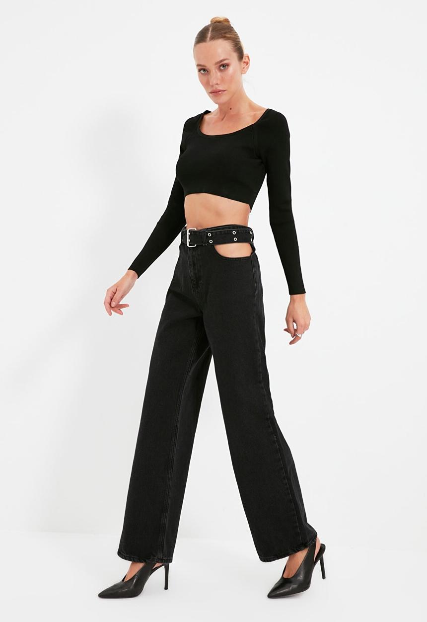 Trendyol - Cut out detailed belted high waist 90's wide leg jeans - black