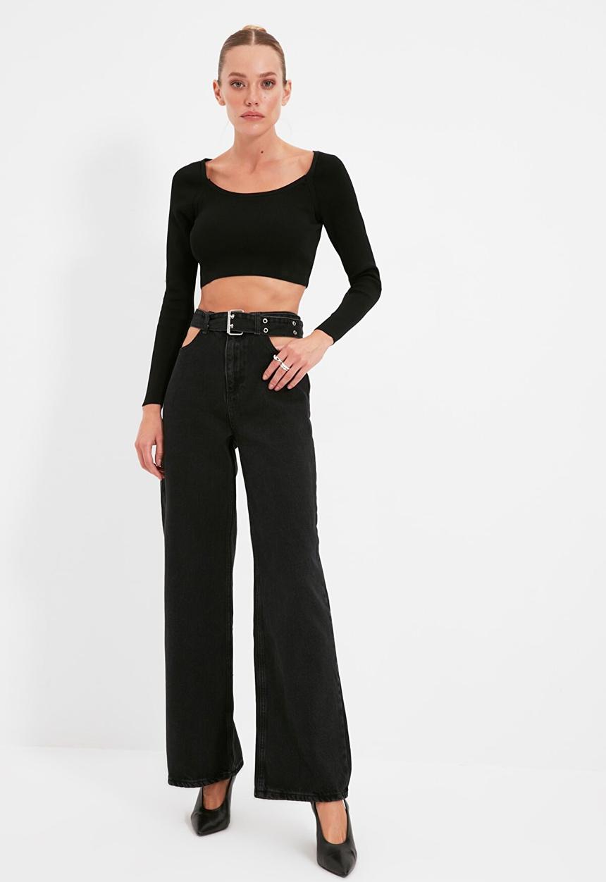 Trendyol - Cut out detailed belted high waist 90's wide leg jeans - black