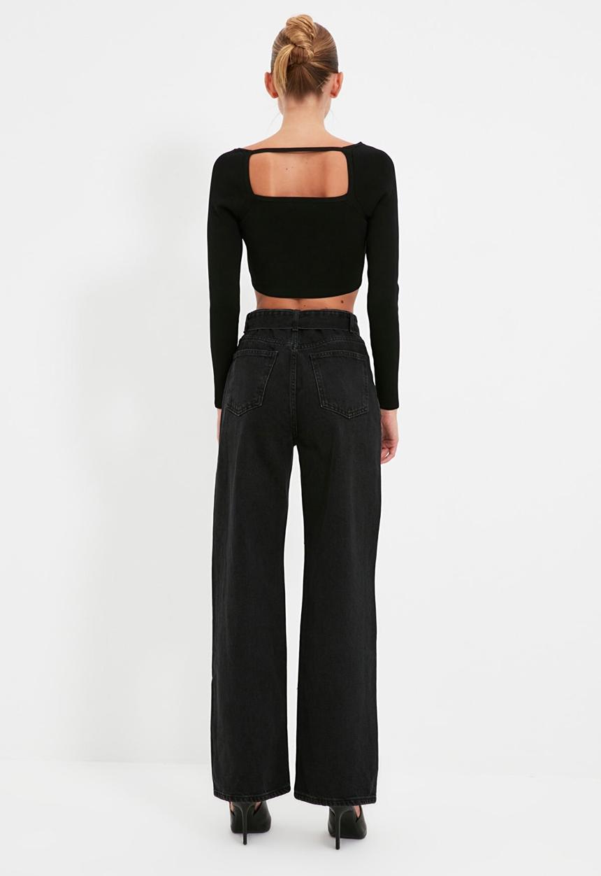 Trendyol - Cut out detailed belted high waist 90's wide leg jeans - black