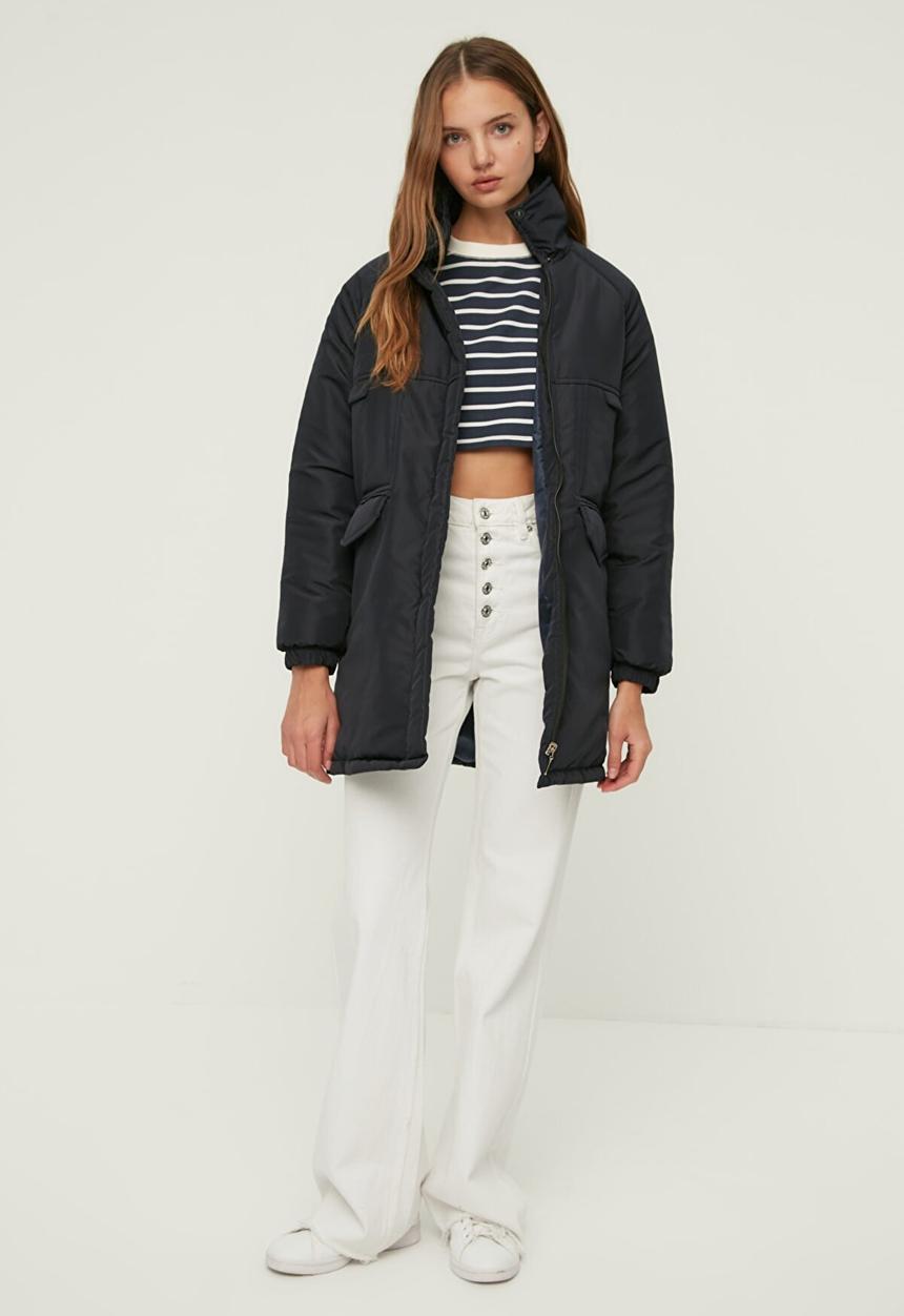 Trendyol - Oversize stand up collar quilted coat - navy