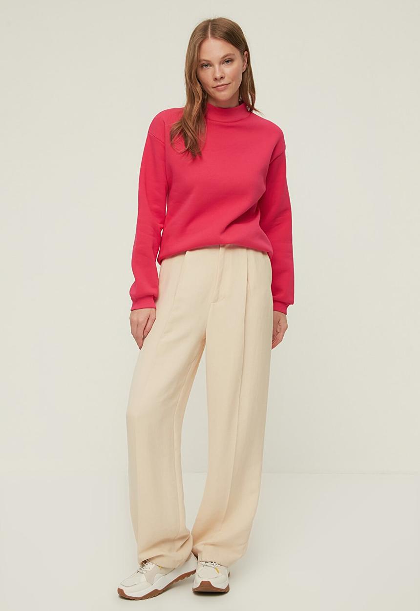 Trendyol - Loose stand up collar printed ragged knitted sweatshirt - fuchsia