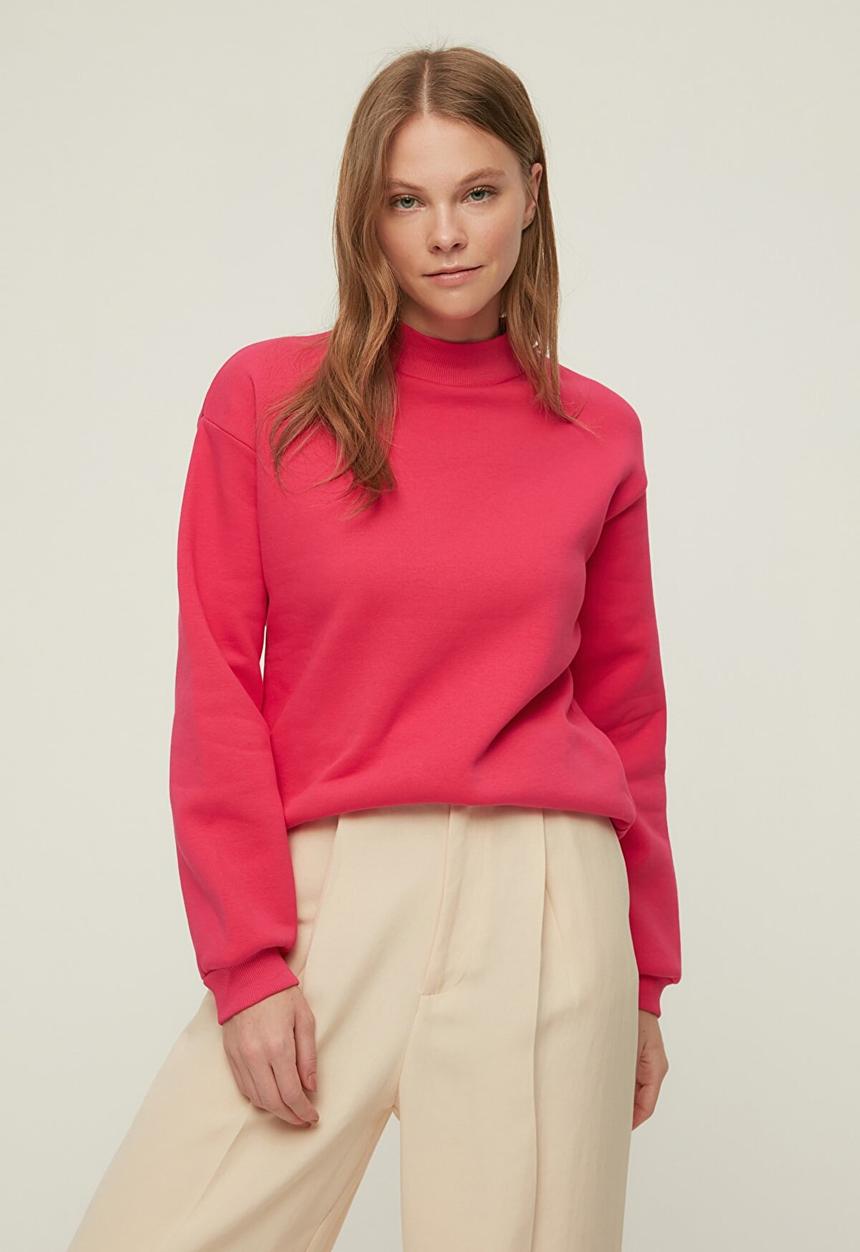 Trendyol - Loose stand up collar printed ragged knitted sweatshirt - fuchsia