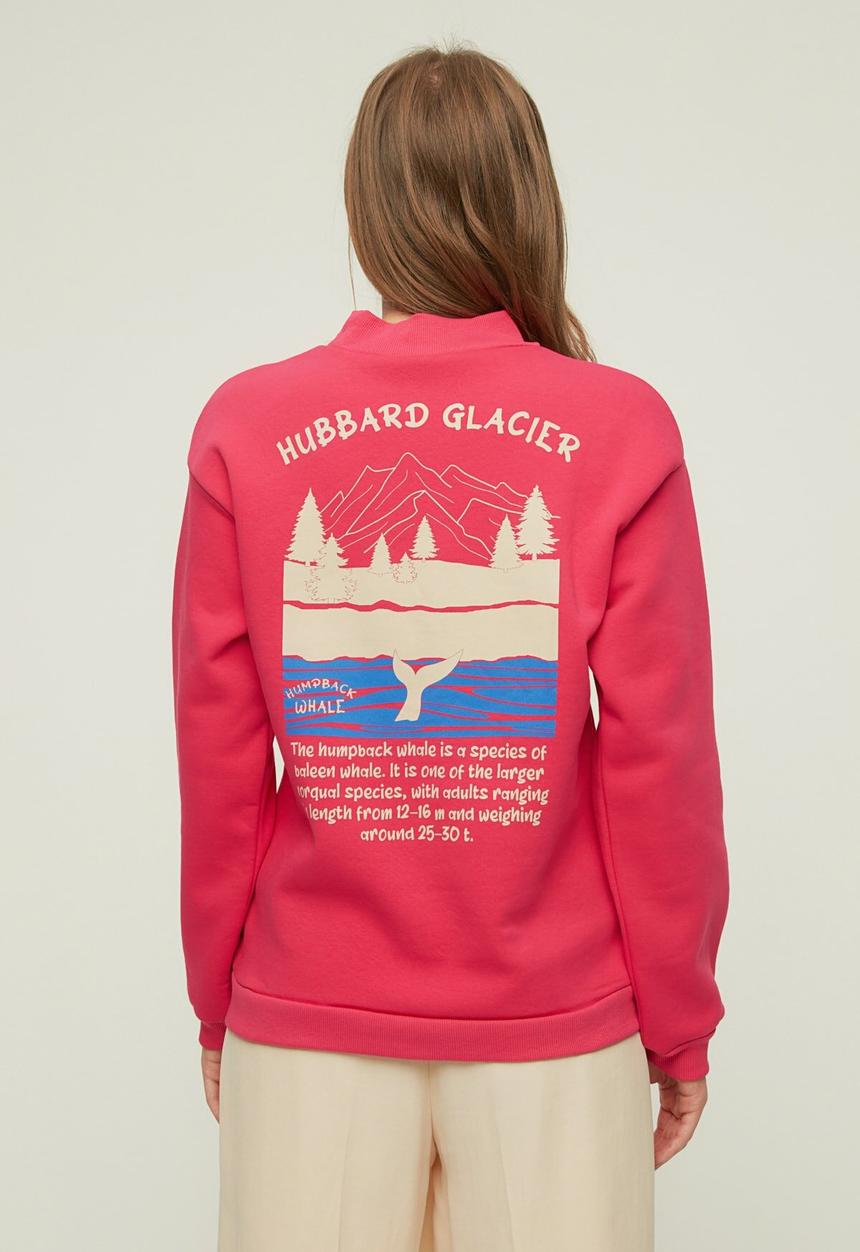 Trendyol - Loose stand up collar printed ragged knitted sweatshirt - fuchsia