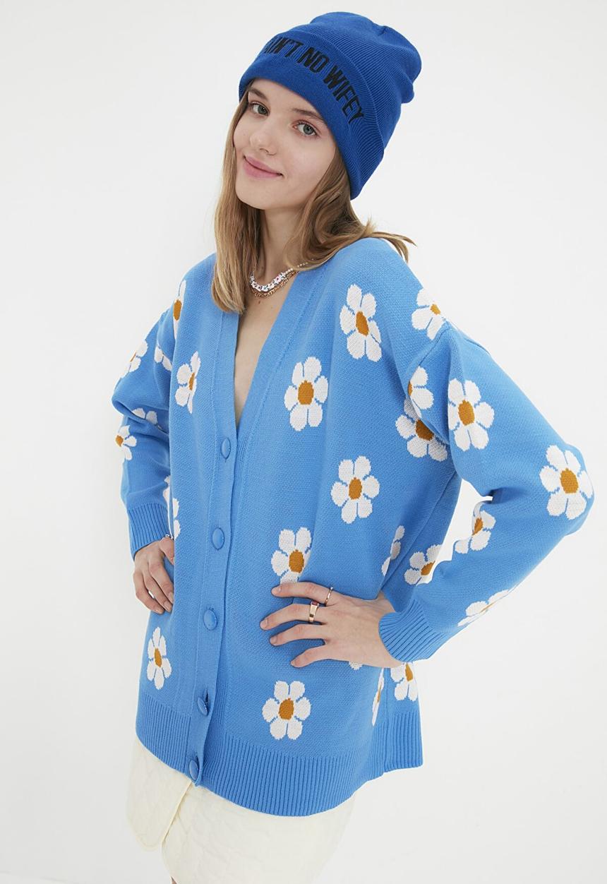 Trendyol - Oversize floral jacquard knitwear cardigan - blue