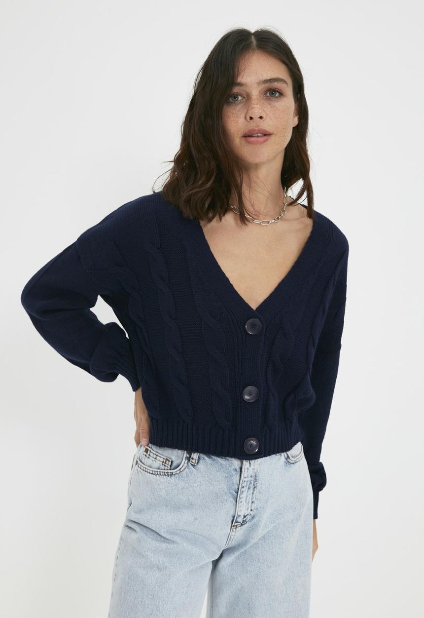 Trendyol - Oversize knit detailed buttoned knitwear cardigan - navy 