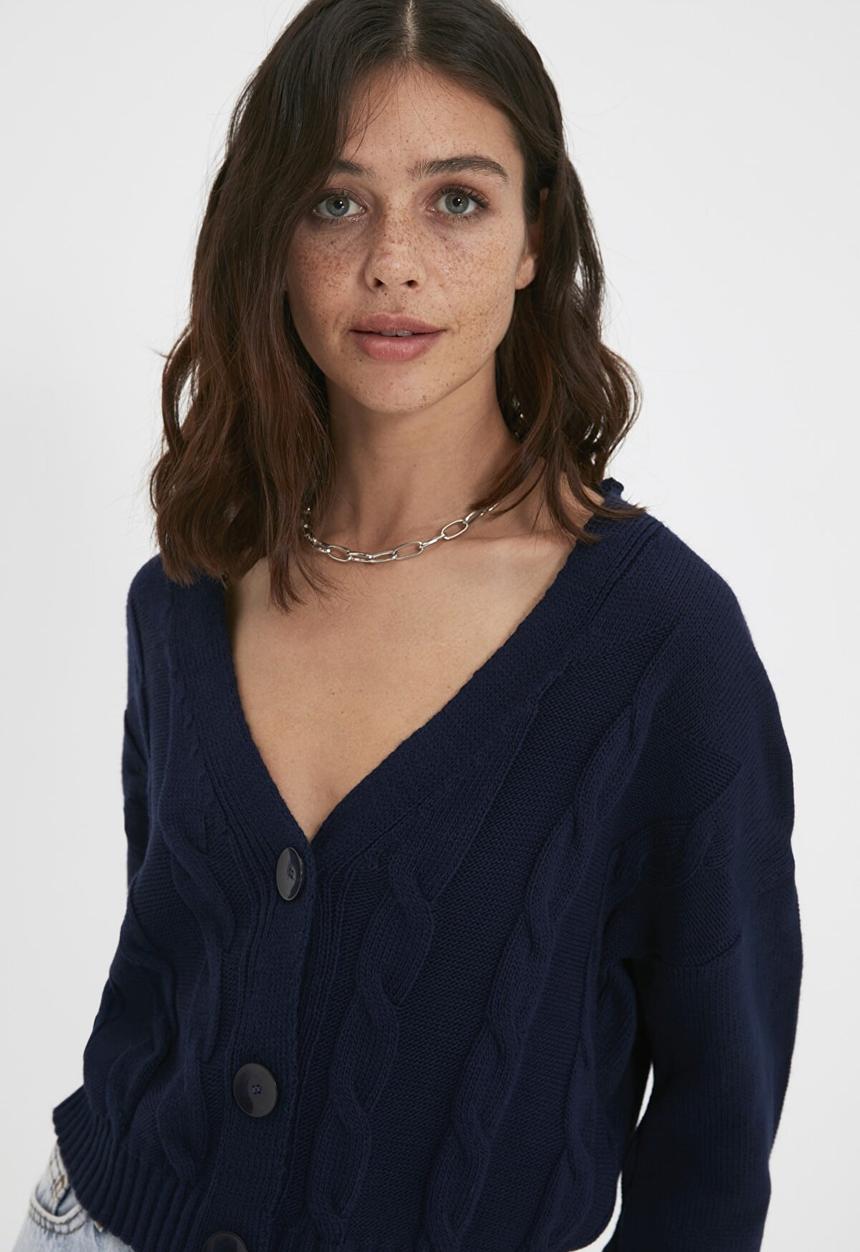 Trendyol - Oversize knit detailed buttoned knitwear cardigan - navy 