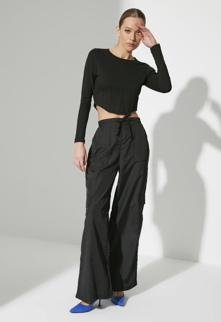 Trendyol - Parachute fabric belted flare trousers - black