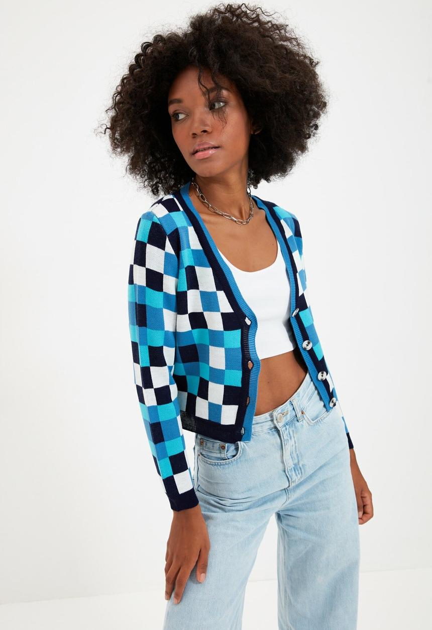 Trendyol - Plaid jacquard crop knitwear cardigan - multi