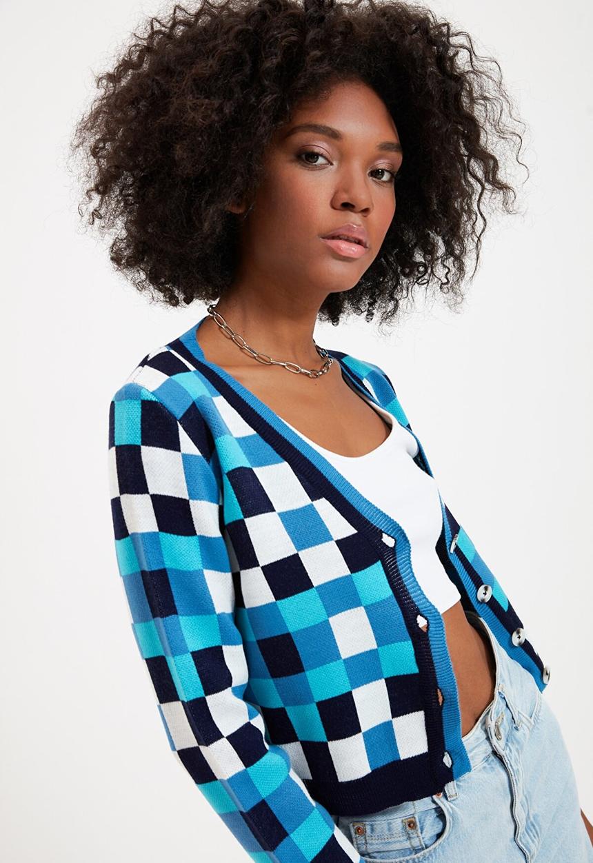 Trendyol - Plaid jacquard crop knitwear cardigan - multi