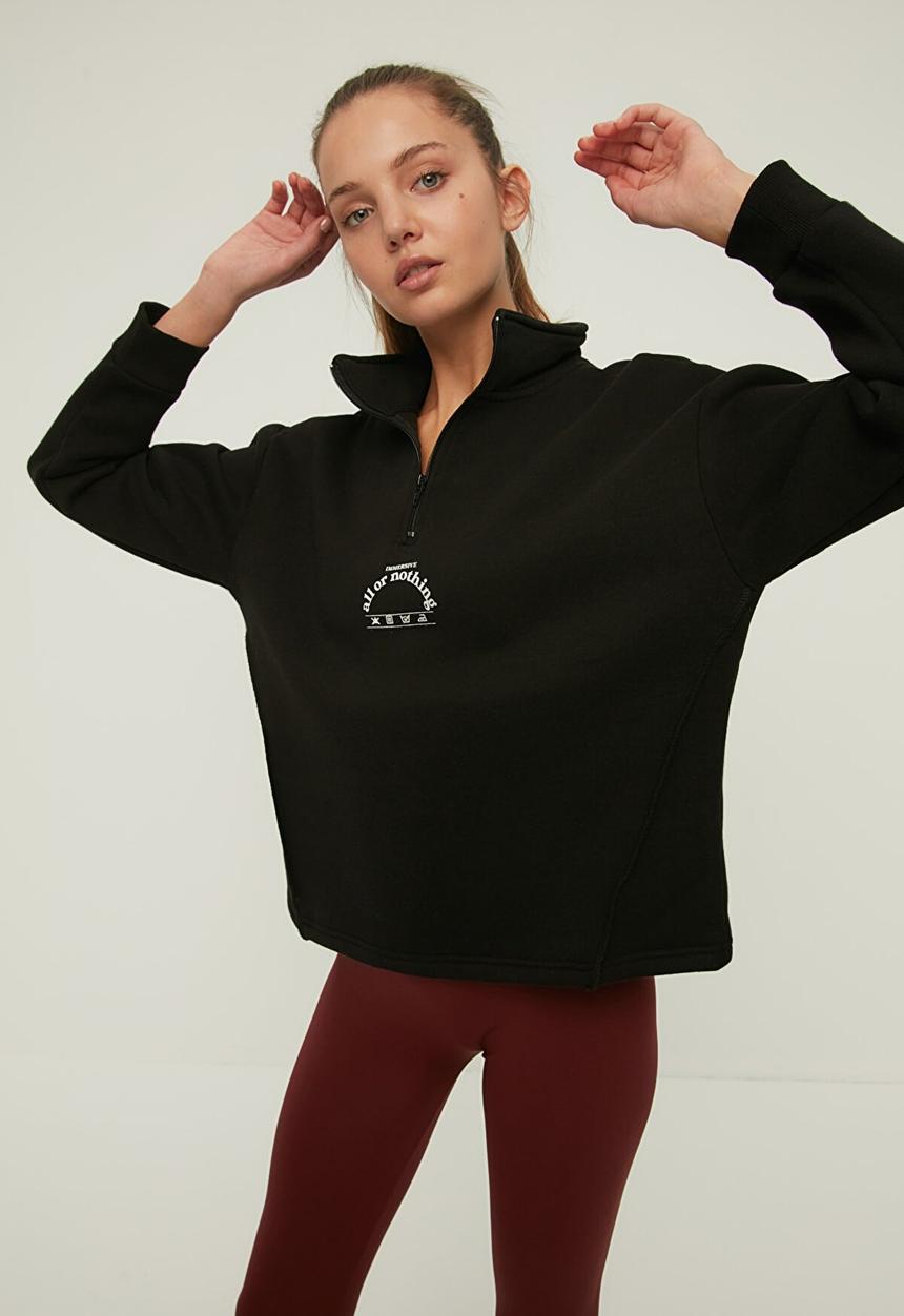 Trendyol - Polo neck oversize raised knitted sweatshirt - black