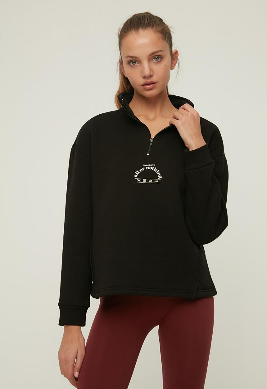 Trendyol - Polo neck oversize raised knitted sweatshirt - black